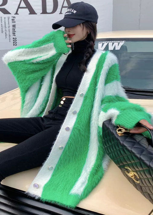 Style Green Striped Cozy Mink Hair Knitted Loose Coat Winter