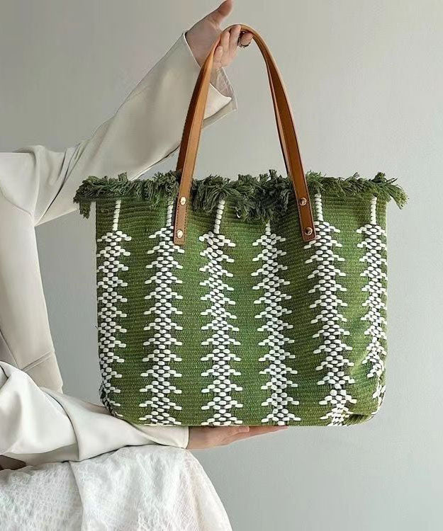 Style Green Tassel Knit Fabric Canvas Tote Handbag