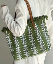 Style Green Tassel Knit Fabric Canvas Tote Handbag