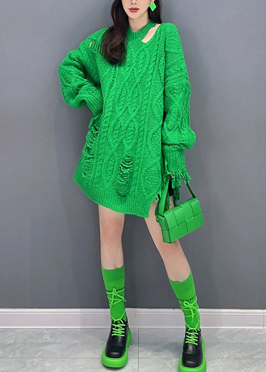 Style Green Tasseled Ripped Patchwork Knit Mid Sweater Dress Fall