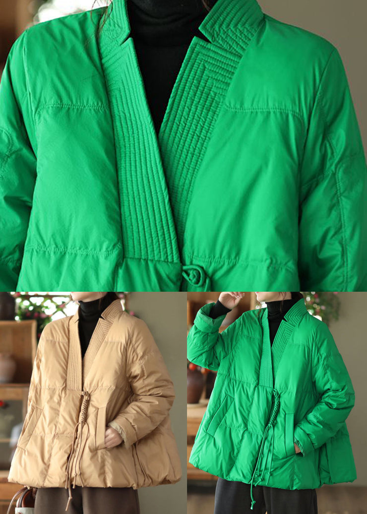 Style Green V Neck Oversized Oriental Button Duck Down Puffer Coat Winter