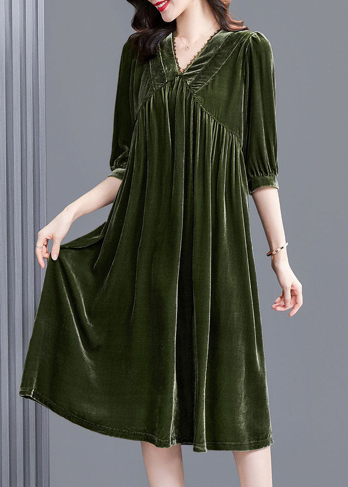 Stil Grünes Patchwork-Velours-Partykleid mit V-Ausschnitt und halben Ärmeln