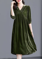 Style Green V Neck Patchwork Velour Party Dress Half Sleeve