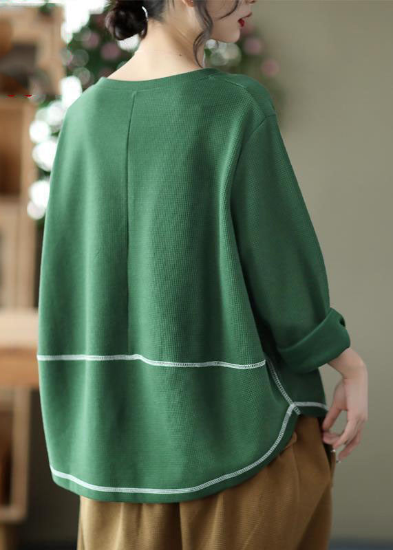 Style Green V Neck Pockets Cotton Loose Sweatshirts Top Long Sleeve