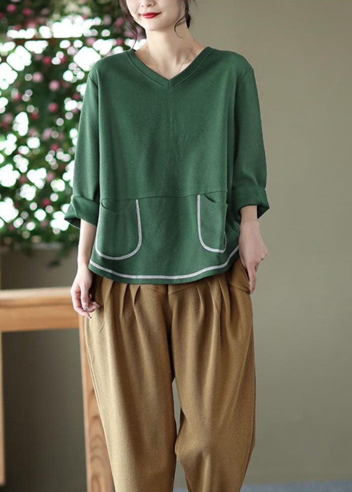 Style Green V-Ausschnitt Taschen Cotton Loose Sweatshirts Top Long Sleeve