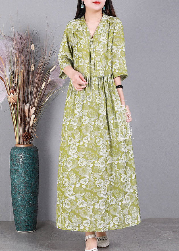 Style Green V Neck Print Button Silk Dress Long Sleeve