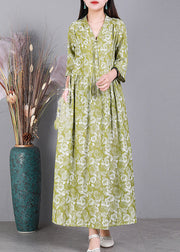 Style Green V Neck Print Button Silk Dress Long Sleeve
