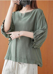 Style Green lantern sleeve Cotton Blouse Top Summer - SooLinen