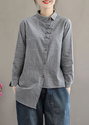 Style Grey Asymmetrical Design Oriental Button Cotton Blouses Long Sleeve