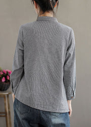 Style Grey Asymmetrical Design Oriental Button Cotton Blouses Long Sleeve