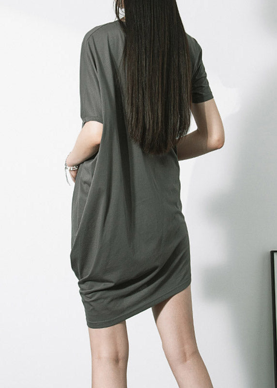 Style Grey Asymmetrical Design Wrinkled Cotton Mid Dress Short Sleeve