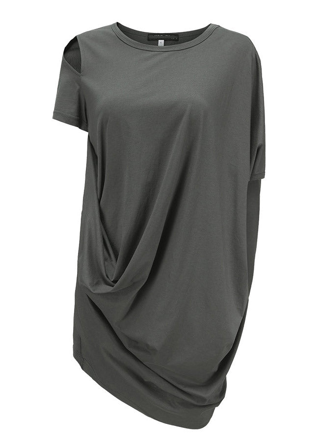 Style Grey Asymmetrical Design Wrinkled Cotton Mid Dress Short Sleeve
