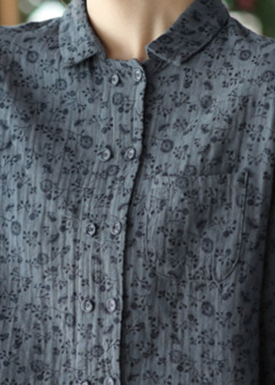 Style Grey Blue Print Button Shirts Long Sleeve