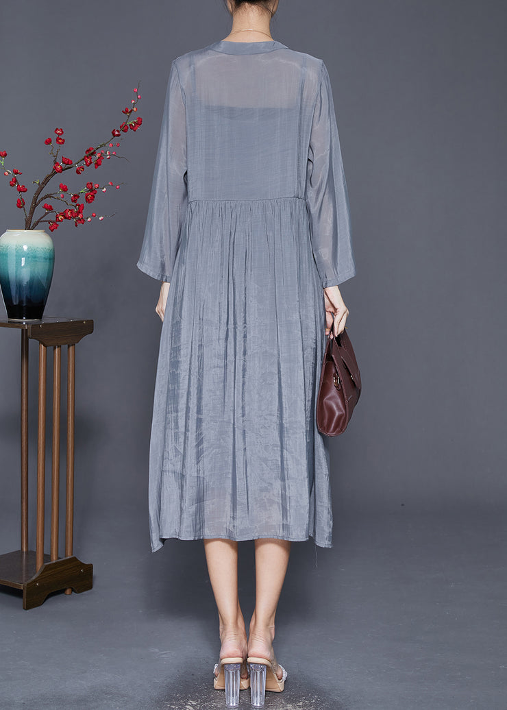 Style Grey Embroidered Silk Maxi Dresses Fall