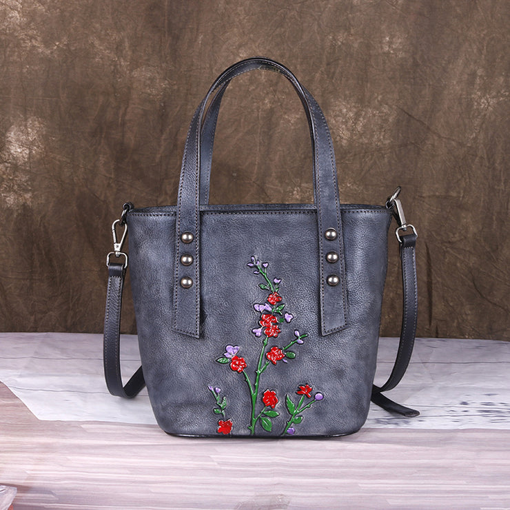 Style Grey Floral Paitings Calf Leather Messenger Bag