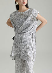 Style Grey O Neck Side Open Patchwork Cotton Two Pieces Set Sleeveless