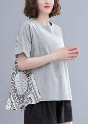 Style Grey Patchwork Print Half Sleeve Cotton Summer Tee - SooLinen