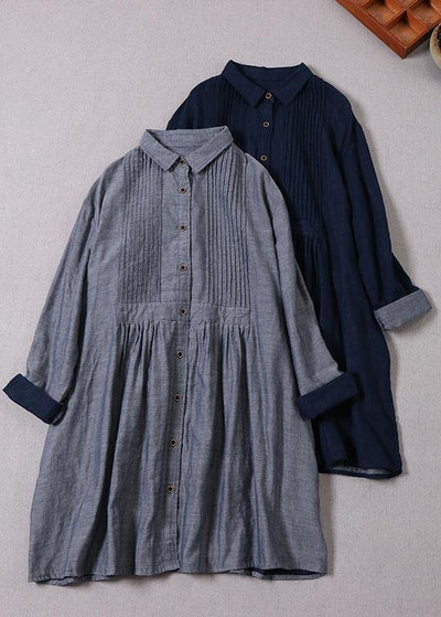 Style Grey PeterPan Collar Pockets Button Fall Maxi Dresses Long sleeve - SooLinen