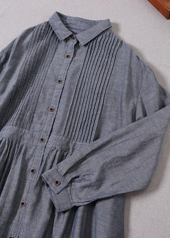 Style Grey PeterPan Collar Pockets Button Fall Maxi Dresses Long sleeve - SooLinen
