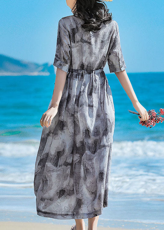 Style Grau Stehkragen Tie-Dye-Leinen-Strandkleid mit kurzen Ärmeln