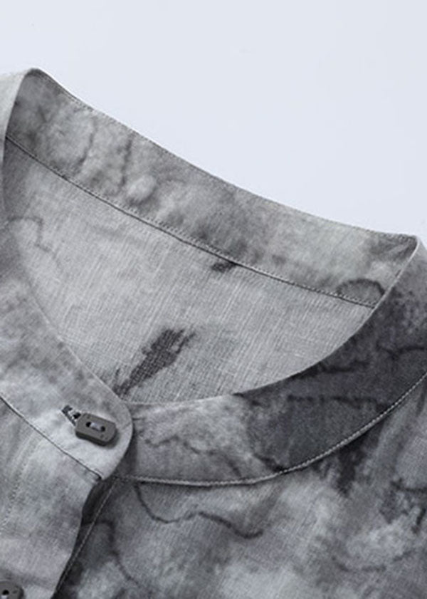 Style Grau Stehkragen Tie-Dye-Leinen-Strandkleid mit kurzen Ärmeln