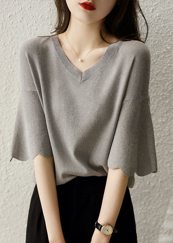 Style Grey V Neck Solid Color Knit Tops Flare Sleeve