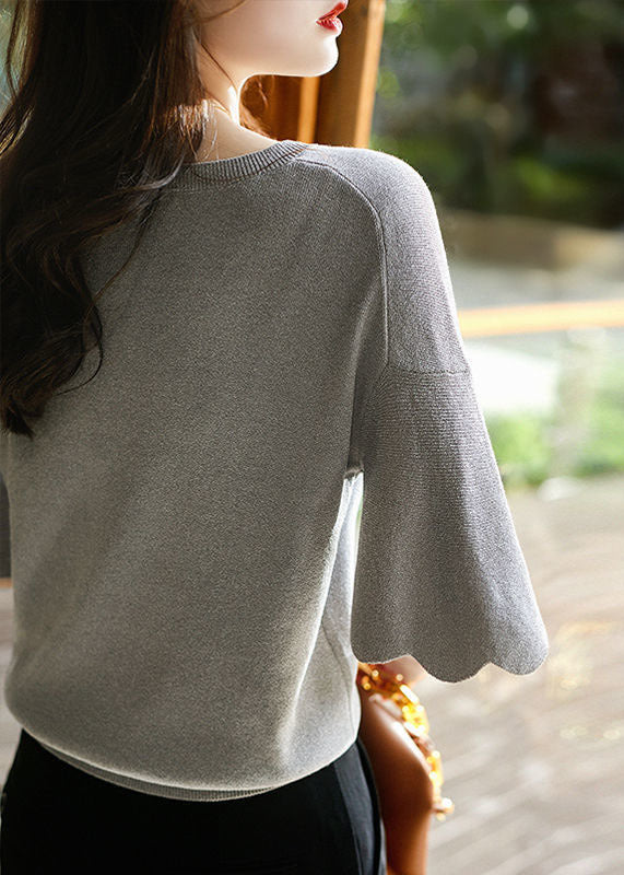 Style Grey V Neck Solid Color Knit Tops Flare Sleeve