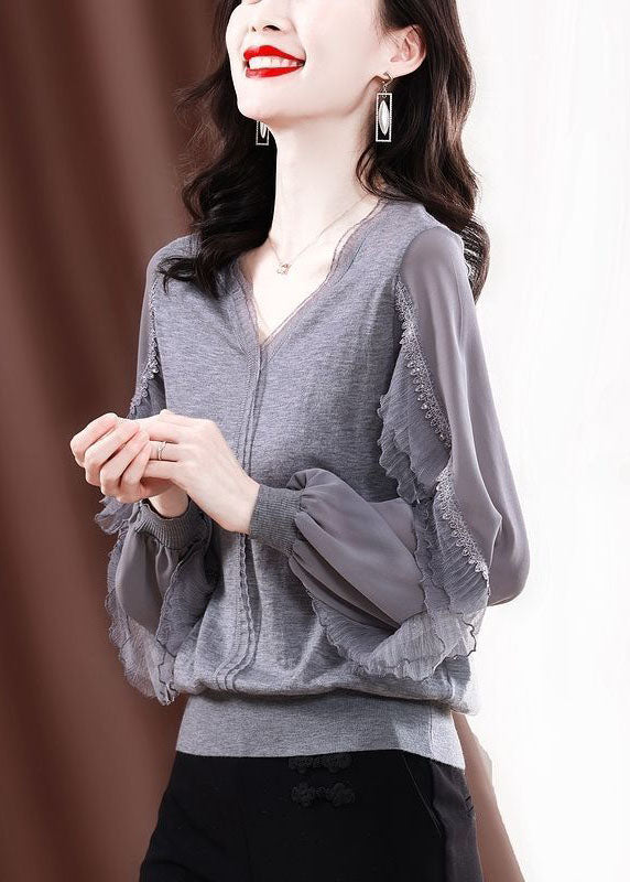 Style Grey V Neck Tulle Patchwork Ruffles Cotton Shirt Top Long Sleeve
