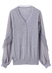 Style Grey V Neck Tulle Patchwork Ruffles Cotton Shirt Top Long Sleeve