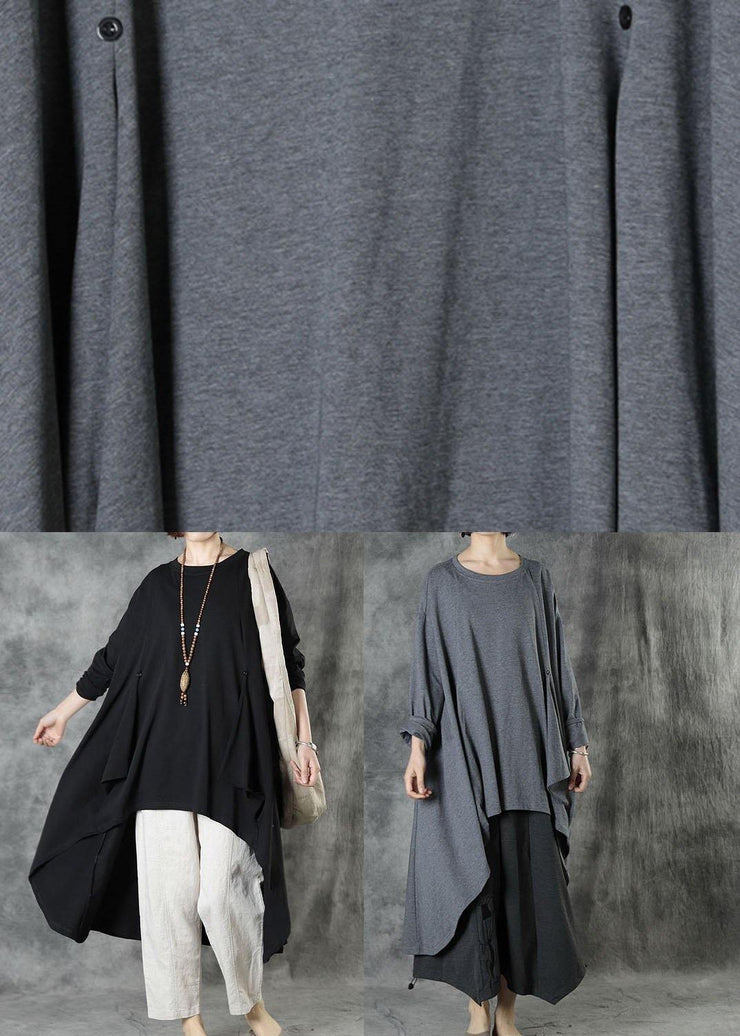 Style Grey low High Design Button Fall Long Sleeve Shirt Tops - SooLinen