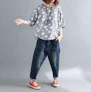 Style Half sleeve cotton clothes Plus Size Tutorials gray print Knee shirts