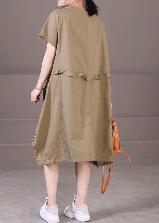 Style Khaki Asymmetrical Design Wrinkled Cotton Party Dress Short Sleeve