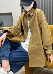 Style Khaki Button Peter Pan Collar Pockets Cotton Coat Long Sleeve