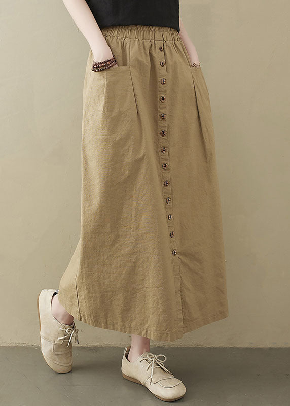 Style Khaki Elastic Waist Buttons Cotton A Line Skirt Summer