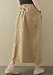 Style Khaki Elastic Waist Buttons Cotton A Line Skirt Summer