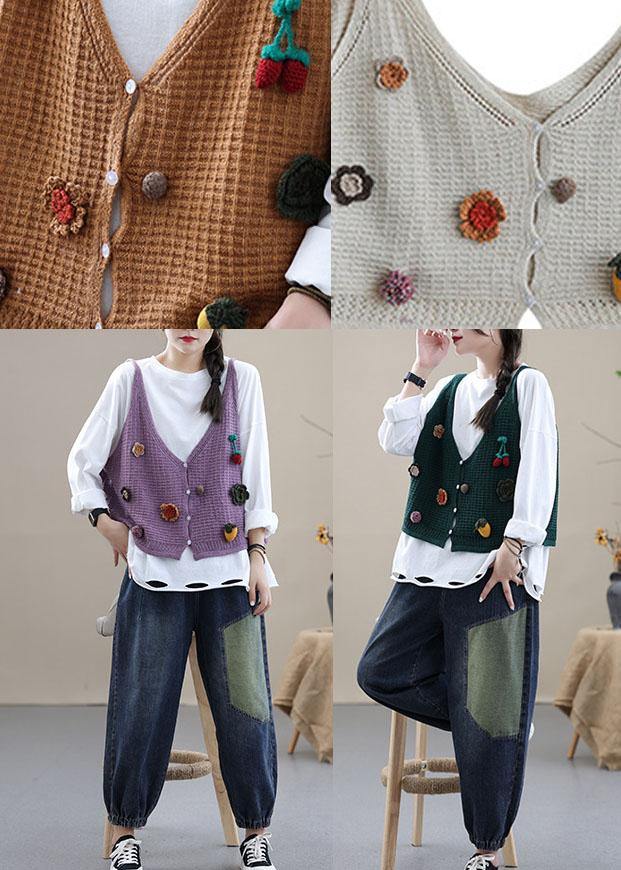 Style Khaki Embroideried Floral Fall Shirt Knit Vest Sleeveless - SooLinen