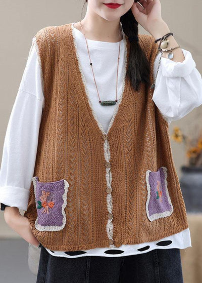Style Khaki Embroideried Pockets Floral Fall Shirt Knit Vest Sleeveless - SooLinen