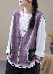 Style Khaki Embroideried Pockets Floral Fall Shirt Knit Vest Sleeveless - SooLinen