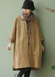 Style Khaki PeterPan Collar Pockets Button low high design Fall Long sleeve Trench Coat
