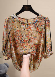 Style Khaki Print O-Neck Patchwork Button Chiffon Blouse Tops Short Sleeve