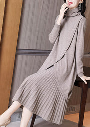 Stil Khaki Rollkragen Asymmetrisches Design Strick Plissee Kleid Zweiteiler Winter