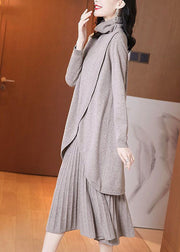 Style Khaki Turtle Neck Asymmetrical Design Knit Pleated Dress Two Piece Set Winter