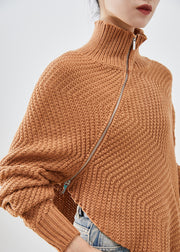 Style Khaki Turtle Neck Zippered Asymmetrical Knit Pullover Fall