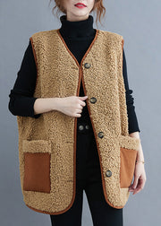 Style Khaki V Neck Button Teddy Faux Fur Waistcoat Fall