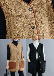 Style Khaki V Neck Button Teddy Faux Fur Waistcoat Fall