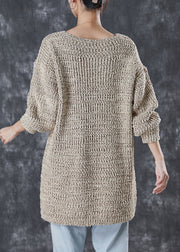 Style Khaki V Neck Oversized Knit Sweater Dress Winter