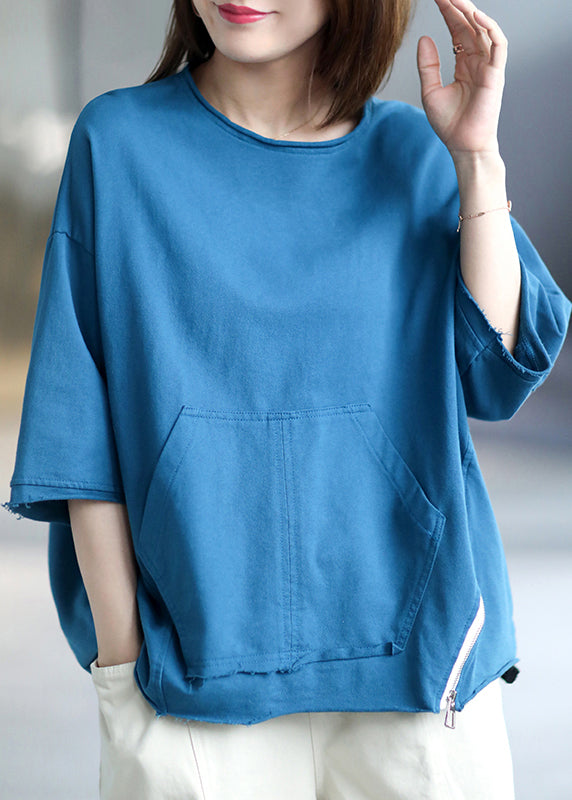 Style Lake Blue O-Neck Zip-Up-Taschen Patchwork Loose Top Half Sleeve