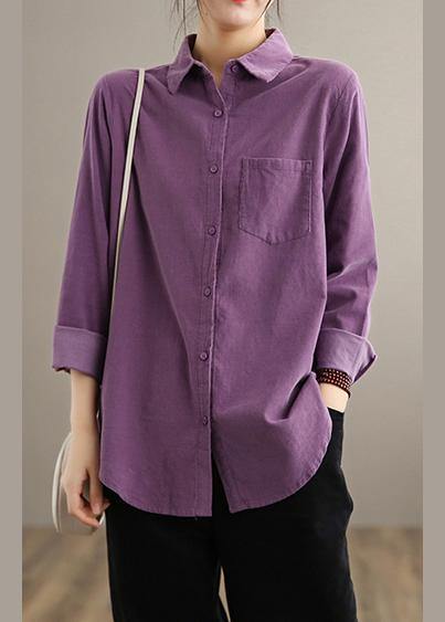 Style Lapel Pockets Spring Crane Tops Design Purple Shirt - SooLinen
