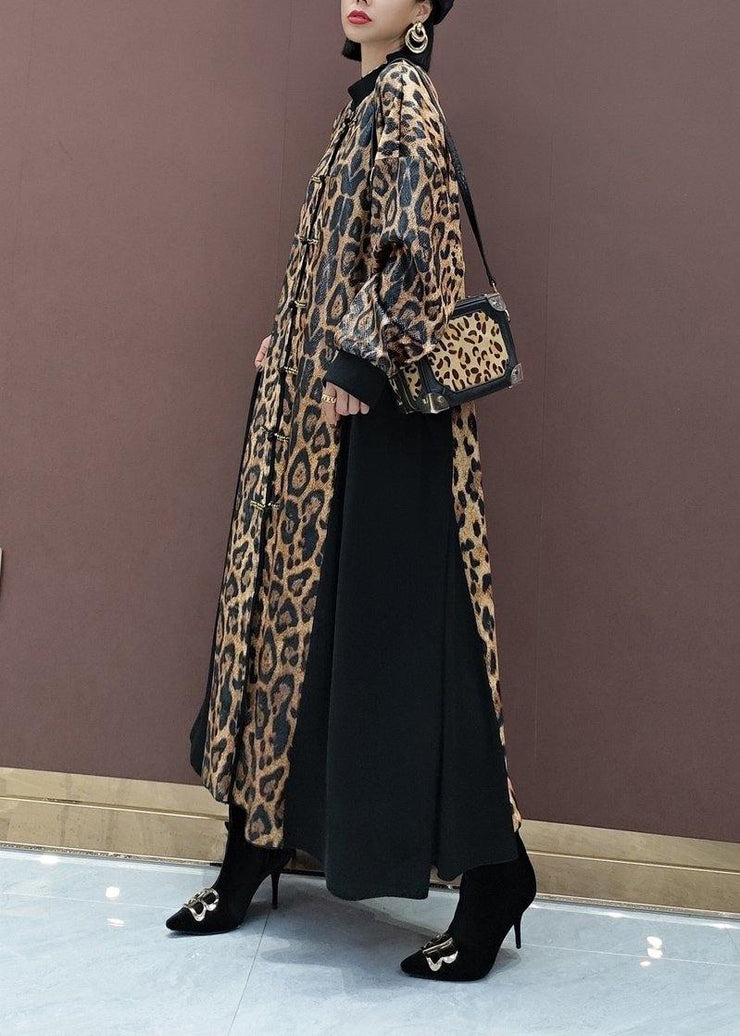 Style Leopard Clothes Stand Collar Patchwork Art Spring Dress - SooLinen