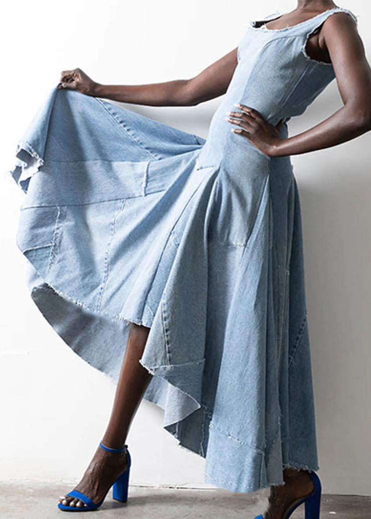 Style Light Blue Asymmetrical Design Patchwork Denim Dress Sleeveless